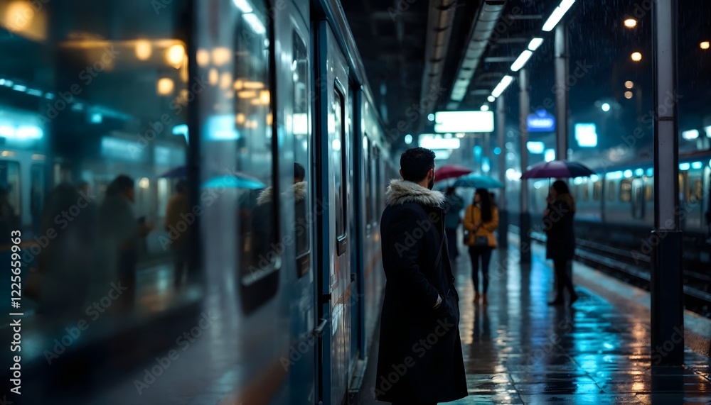 Fototapeta premium Man Waiting at Rainy Night Train Station Platform