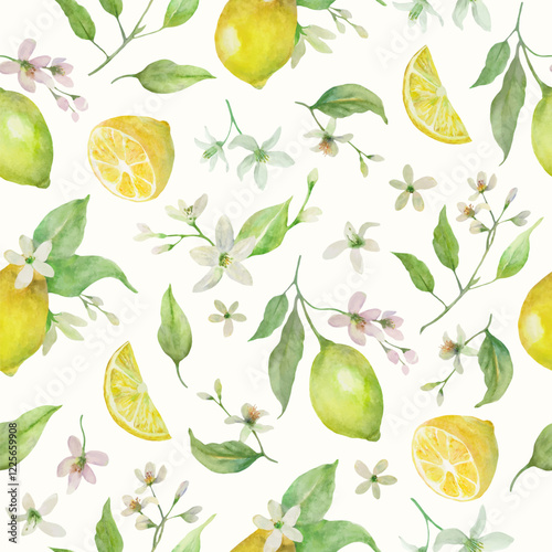 Seamless watercolor pattern with vibrant lemons. Hand drawn illustration isolated on pastel background. Vector EPS.