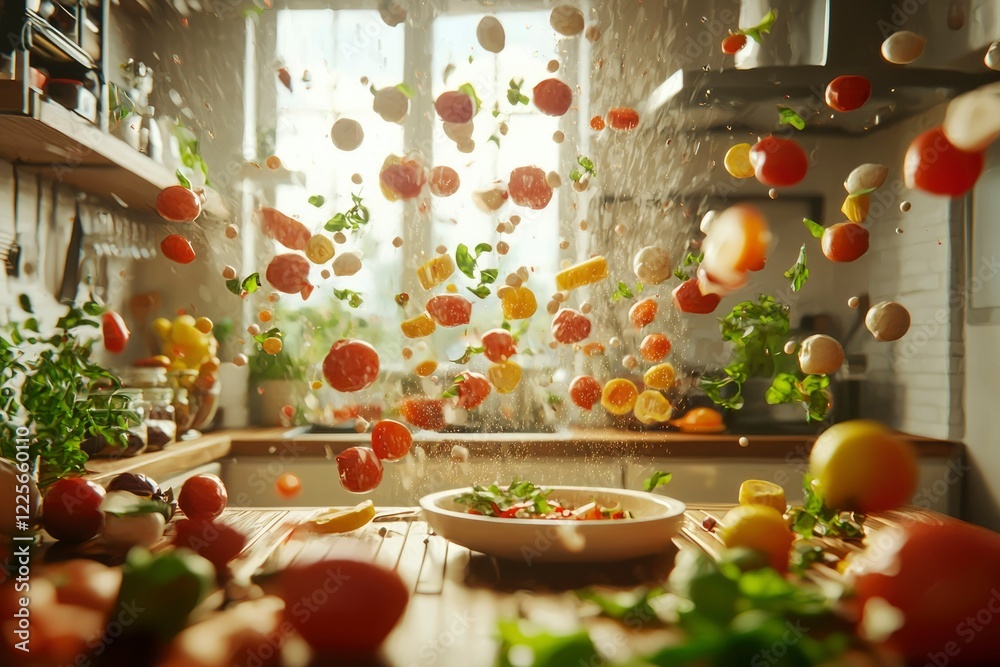 Fresh Ingredients Falling Into A Salad Bowl Fresh Ingredients Falling Into A Salad Bowl
