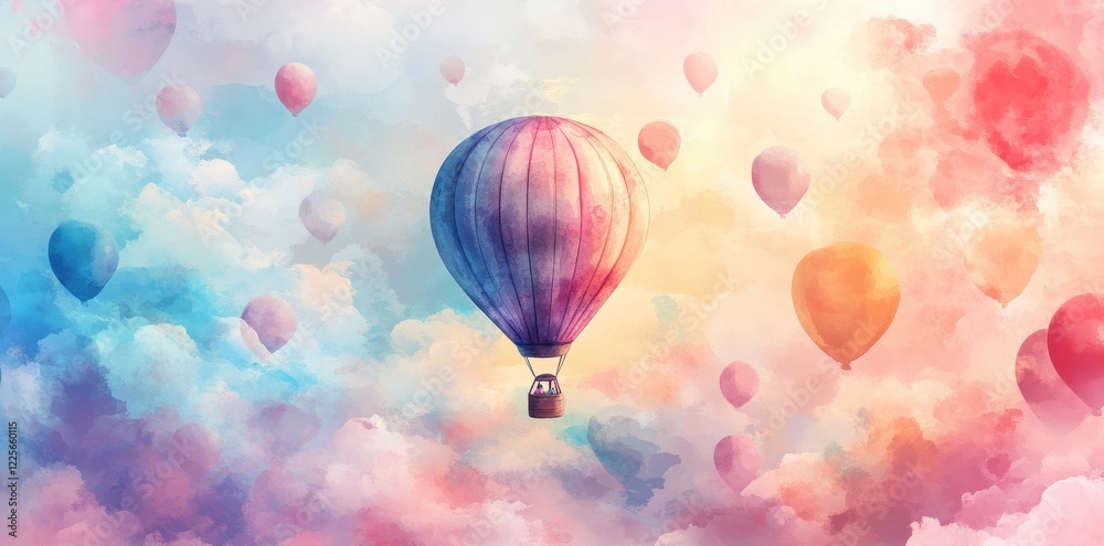 Fototapeta premium Hot Air Balloon Soaring Through Pastel Cloudscape