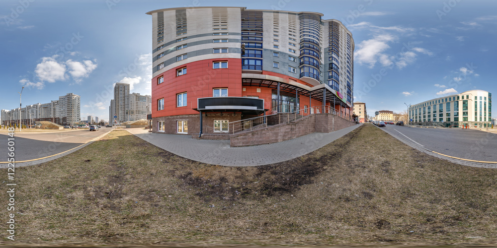 Fototapeta premium 360 hdri seamless spherical panorama on street on porch near student dormitory multistory building area or urban development in equirectangular projection, AR VR content