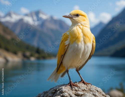 Retrato pájaro amarillo con una pose majestuosa sobre una roca con un rio y montañas nevadas de fondo.