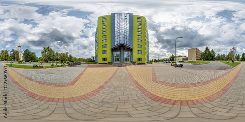 Fototapeta Naklejka Na Ścianę i Meble -  360 hdri seamless spherical panorama on street on porch near student dormitory multistory building area or urban development in equirectangular projection, AR VR content