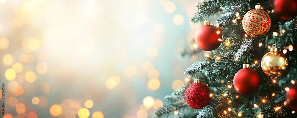 Sparkling christmas tree adorned with red and gold baubles against a cozy blurred backdrop Sparkling christmas tree adorned with red and gold baubles against a cozy blurred backdrop