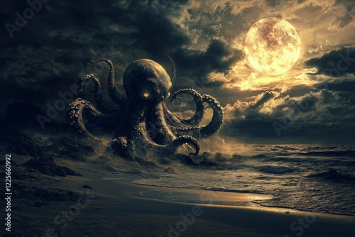 Gigantic Octopus Rises From Ocean Depths Under Moonlight