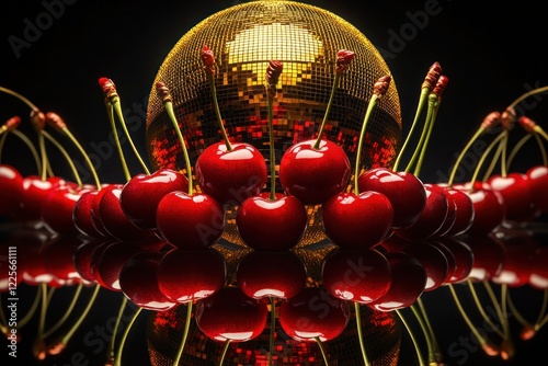 A preppy poster design combining bright red cherries with intricate reflections of a golden disco ball in a sleek, minimalistic composition.