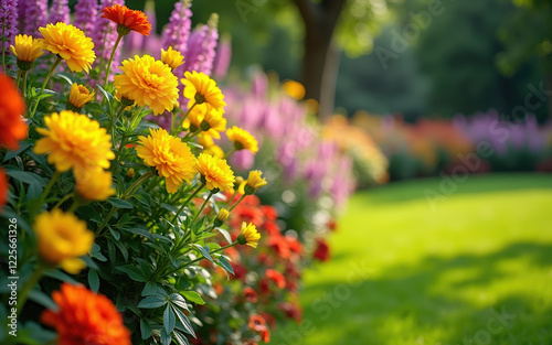 garden with green lawn and flower in shades of yellow, pink, purple and orange