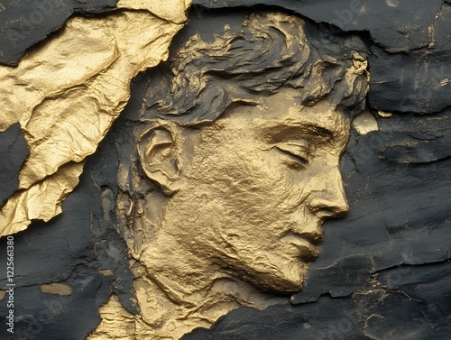 Golden Male Profile Bas Relief Sculpture on Black Cracked Wall Art