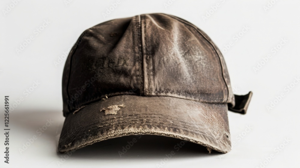 Fototapeta premium Baseball Cap With Faded Logo Resting on Simple White Surface Evokes Nostalgia and Relaxed Style