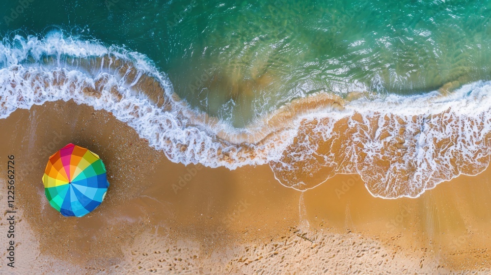Naklejka premium Brightly Colored Beach Umbrella Tilts Against the Wind on a Serene, Deserted Beach With Gentle Waves and Soft Sand