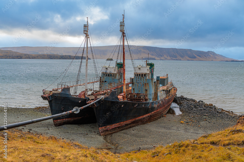 Autumnal landscape at Beached whalers Hvalfjordur on the west coast of Iceland