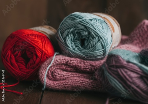 Colorful yarn balls and knitwear on wooden surface