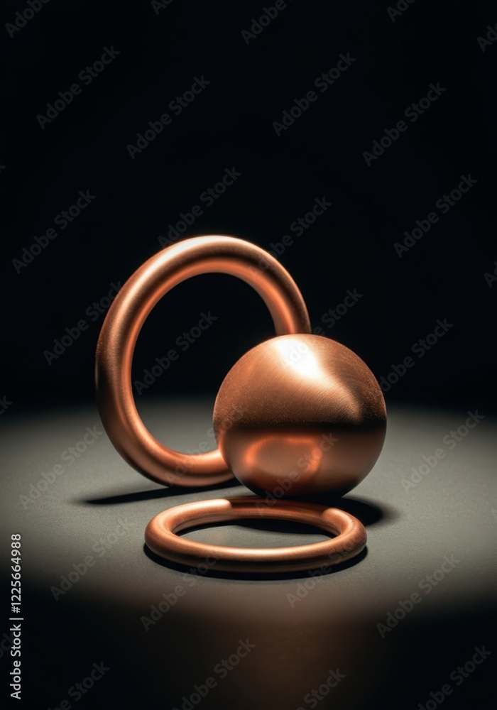 Copper sphere and rings on dark background highlighting reflections and shadows Copper sphere and rings on dark background highlighting reflections and shadows