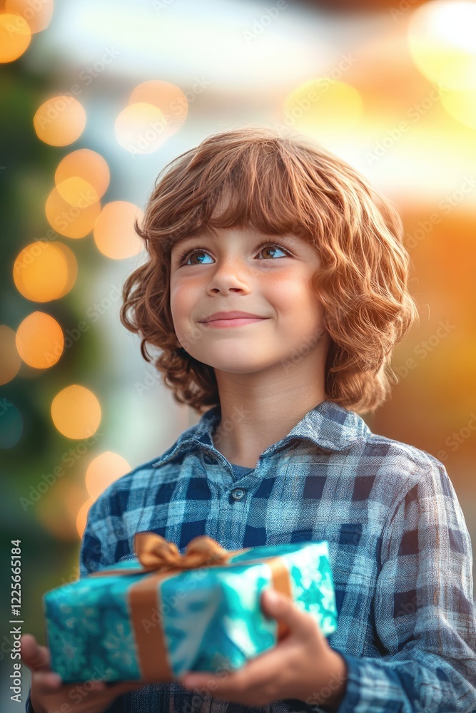 Smiling Child Holding Gift Box with Festive Bokeh Background Smiling Child Holding Gift Box with Festive Bokeh Background
