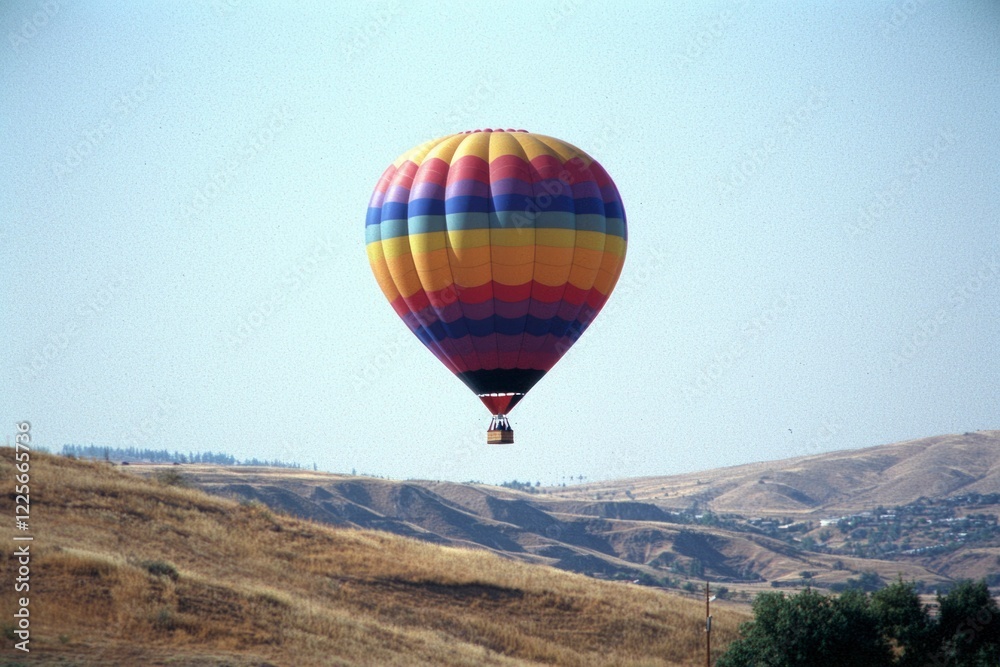 Naklejka premium Colorful hot air balloon floats over rolling hills