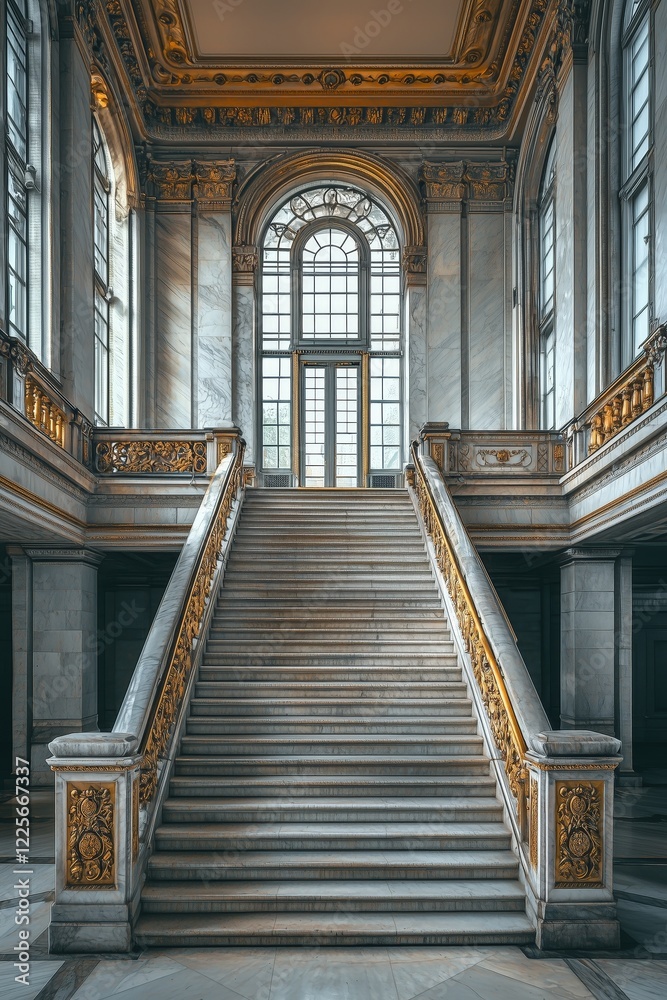 Obraz premium Art deco city hall staircase with marble and iron handrail brass decoration white walls large windows and marble floor