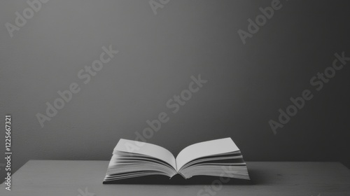 Open book on a table against a gray background.