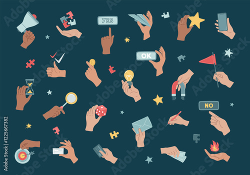 Hands gestures with holding management objects. Arm holding various stuff, coins, cards, money, phones, pencil, light bulb. Business processes in metaphor concept. Set of vector illustration.