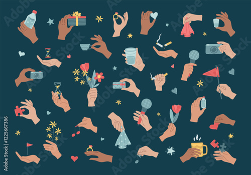 Hands in various gesture holding stuff. Set of stickers is a good  happy day for yourself, positive emotions, weekend. Bouquet, camera, ring, microphone, mug. Joyful lifestyle. Vector illustration