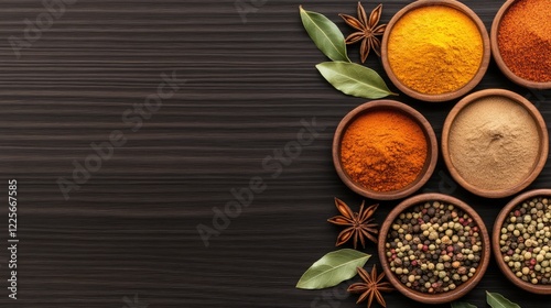 Fototapeta Naklejka Na Ścianę i Meble -  A wooden platter holds various spice containers filled with vibrant powders and dried chilies, representing the rich flavors and diversity of global cuisine in a kitchen environment.