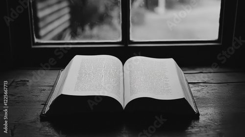 Open book on wooden surface near window.