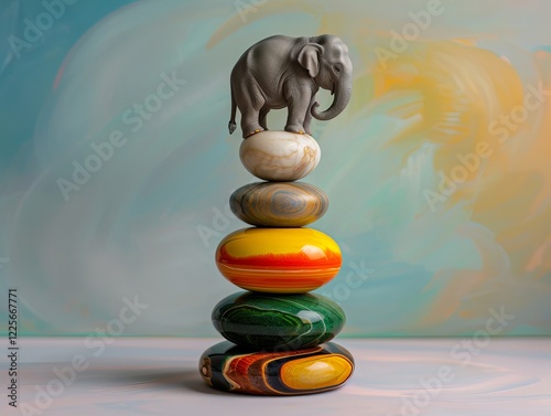 A whimsical scene featuring a small elephant balancing atop a stack of colorful stones. stability due to strength and power photo