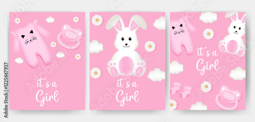 Set of baby shower design with bunny, sky, socks, pacifier and dress on pink background. It's a girl design.