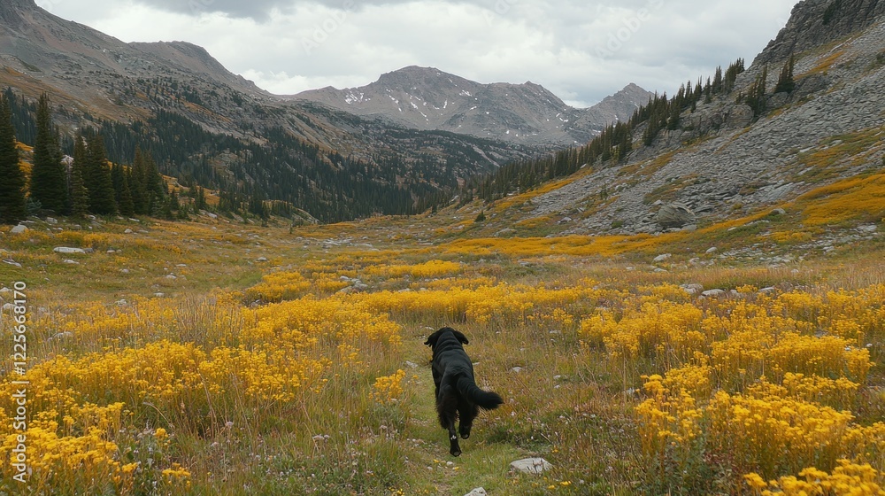 Obraz premium Black Dog Hiking Through Autumn Mountain Meadow