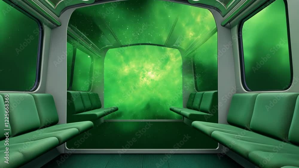 Silent Train Carriage with Green Screen Windows for Innovative Digital Display or Creative Background in Modern Transportation