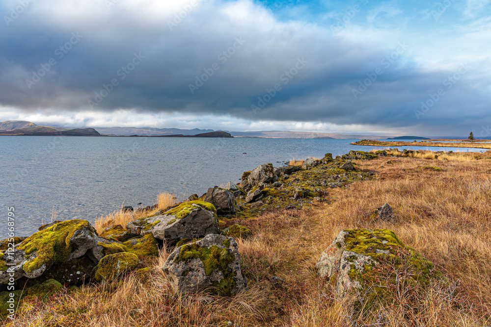 The large lake Thingvallavatn in the national park in the west of Iceland