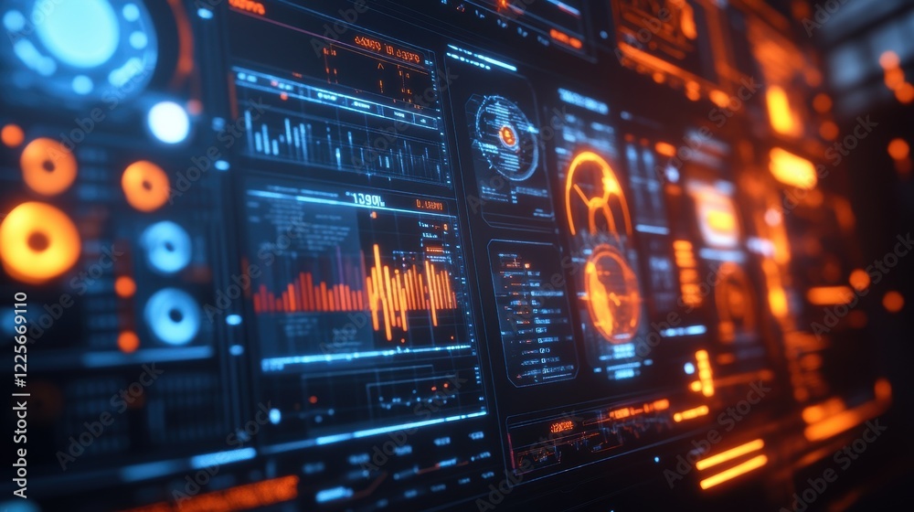 A closeup shot of a control panel displaying realtime data analytics featuring graphs and metrics related to machine performance and efficiency illuminated by soft LED lights in a modern A closeup shot of a control panel displaying realtime data analytics featuring graphs and metrics related to machine performance and efficiency illuminated by soft LED lights in a modern