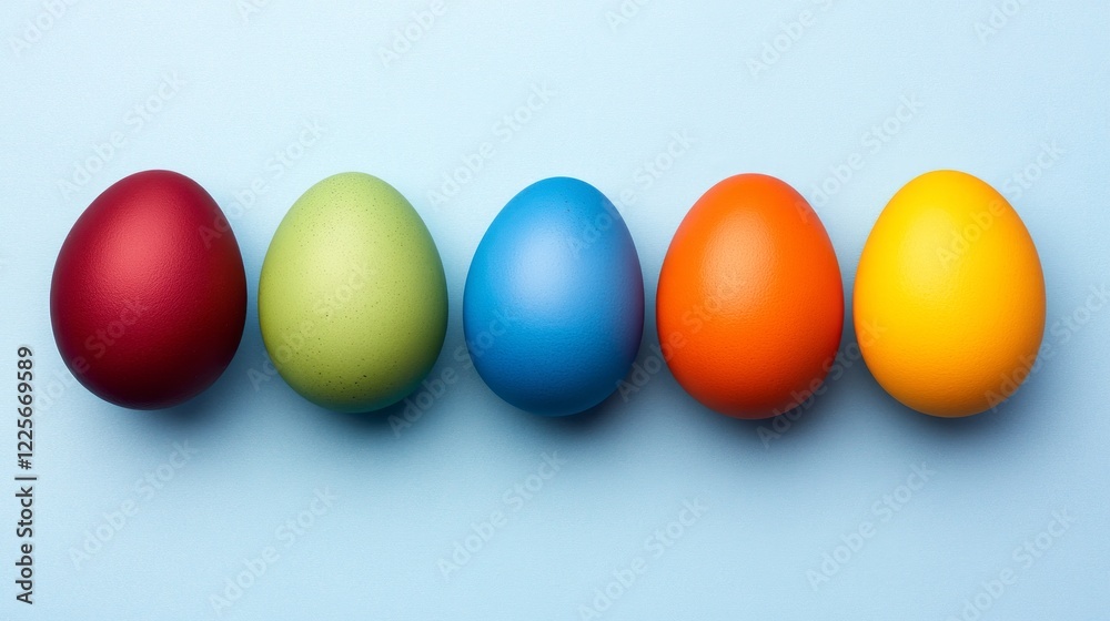 Row of vibrant Easter eggs in various colors arranged on a blue background. Symbolizing festive celebration. Easter