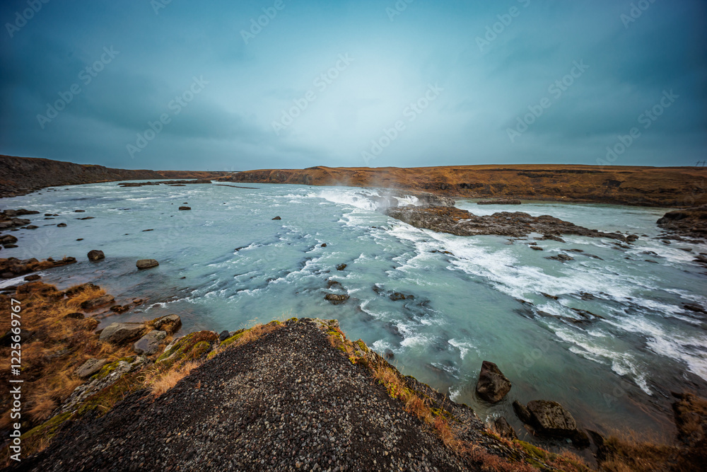 Urridafoss waterfall with cascades in the national park in the west of Iceland