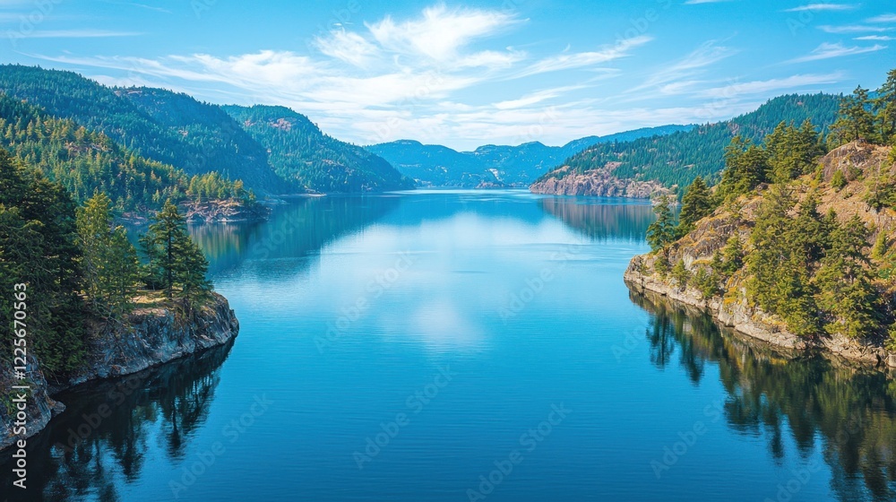 Serene mountain lake nestled between verdant hillsides Serene mountain lake nestled between verdant hillsides