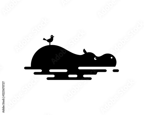 A minimalistic black-and-white illustration of a hippo partially submerged in water with a small bird perched on its back.
