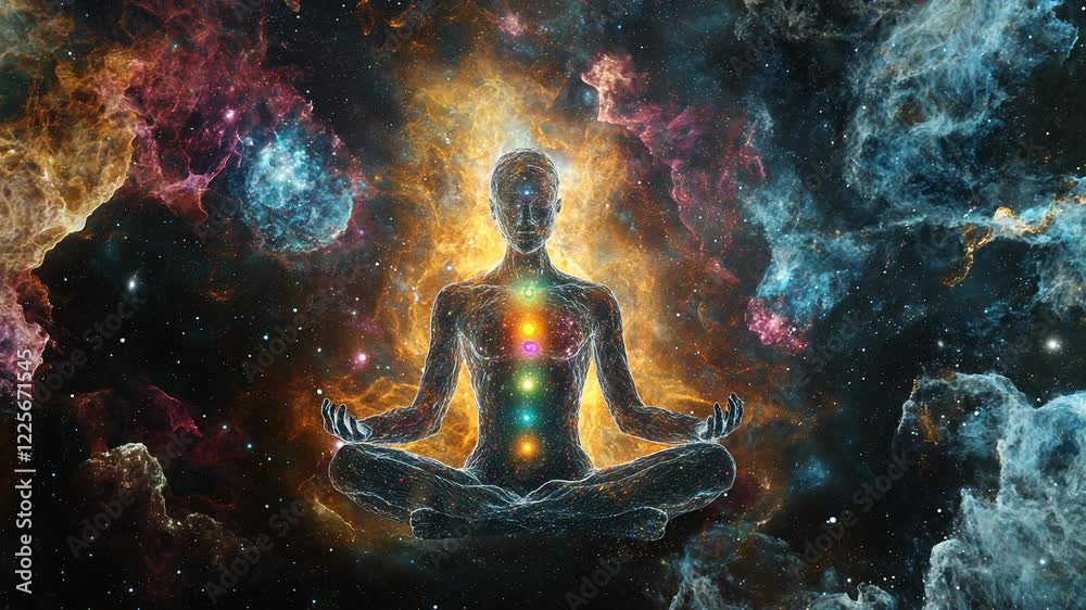 A cosmic figure in a meditative pose, chakras glowing, surrounded by a nebula of vibrant colors and stars. Digital art A cosmic figure in a meditative pose, chakras glowing, surrounded by a nebula of vibrant colors and stars. Digital art