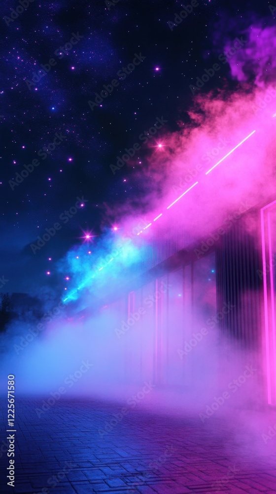 Obraz premium Neon lights illuminate a foggy night scene.