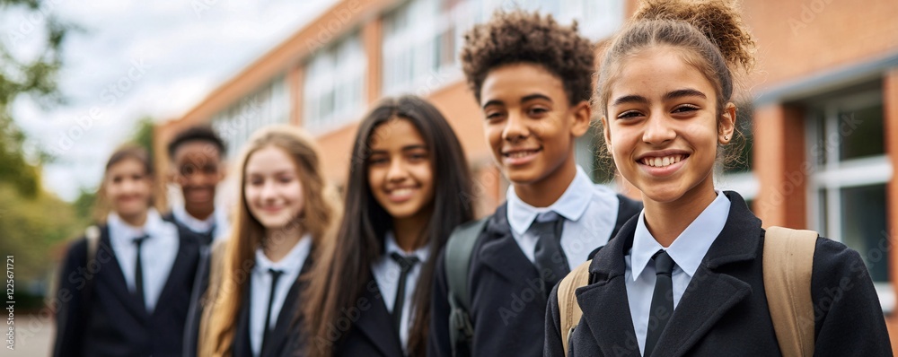 Obraz premium Group of happy multi-ethnic high school students smiling outside of school building