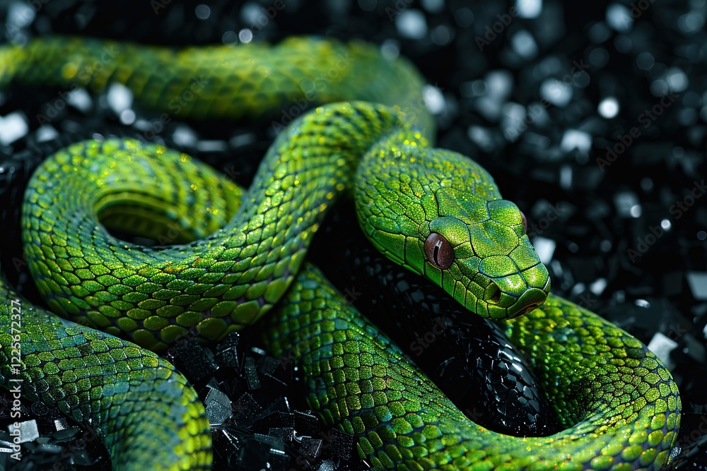 green snake on a background of black sequins. green snake on a background of black sequins.