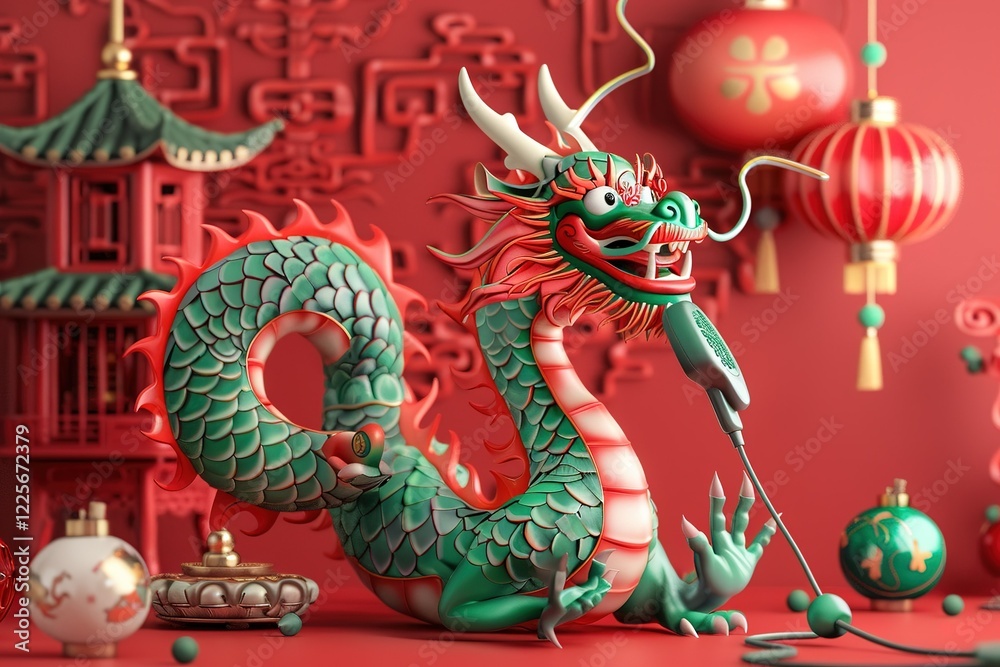 Obraz premium Green Wooden Dragon congratulates by phone on the New Year. A fun asian New Year greeting card, a festive Chinese horoscope zodiac sign dragon, symbol of the 2024 in the Chinese eastern calendar.