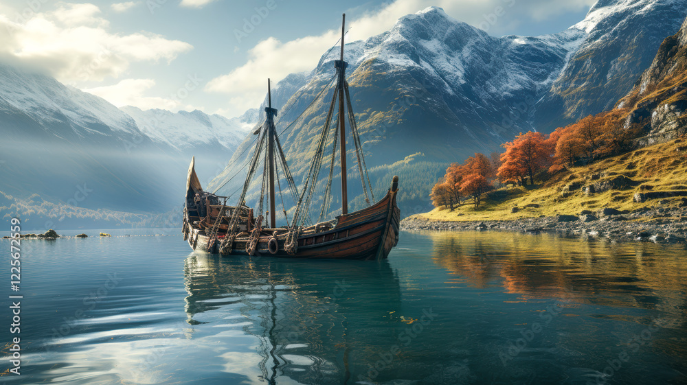 Altes Holzschiff, Wikingerboot in einem Fjord, umgeben von Bergen, Generative AI