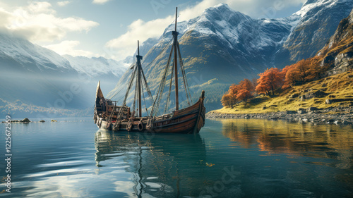 Obraz na płótnie Altes Holzschiff, Wikingerboot in einem Fjord, umgeben von Bergen, Generative AI w salonie