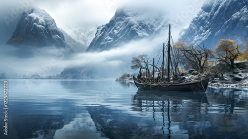 Altes Holzschiff, Wikingerboot in einem Fjord, umgeben von Bergen, Generative AI