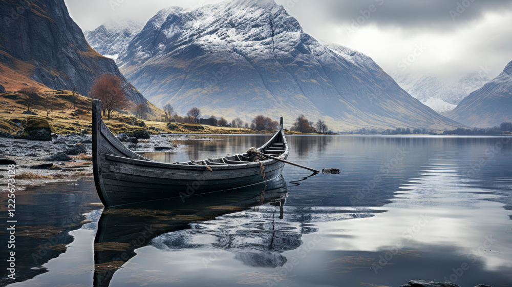 Altes Holzschiff, Wikingerboot in einem Fjord, umgeben von Bergen, Generative AI
