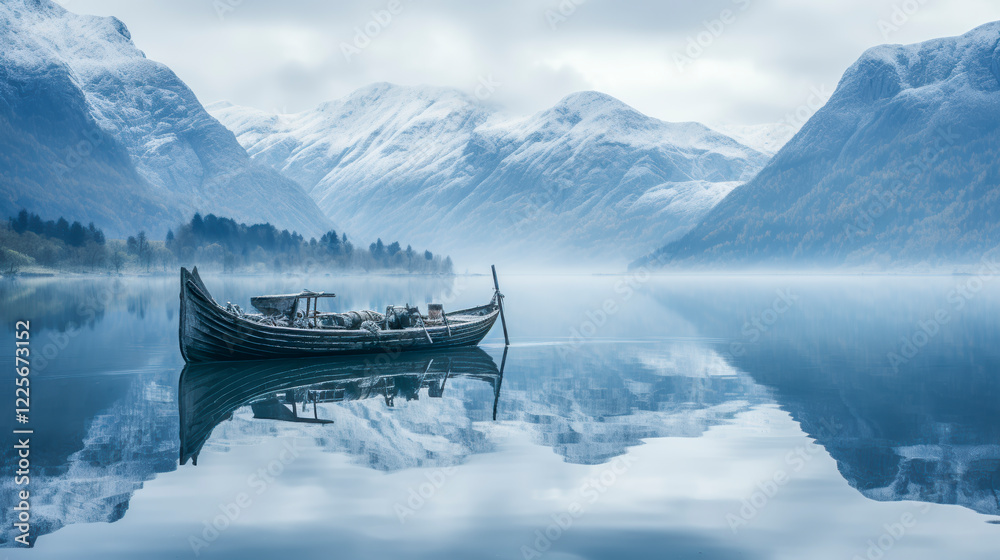 Altes Holzschiff, Wikingerboot in einem Fjord, umgeben von Bergen, Generative AI