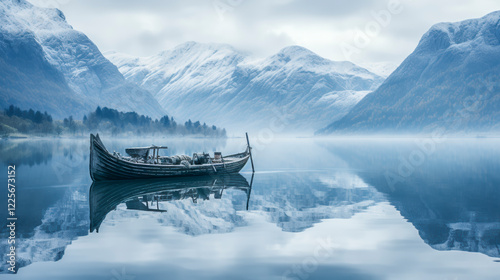 Obraz na płótnie Altes Holzschiff, Wikingerboot in einem Fjord, umgeben von Bergen, Generative AI w salonie