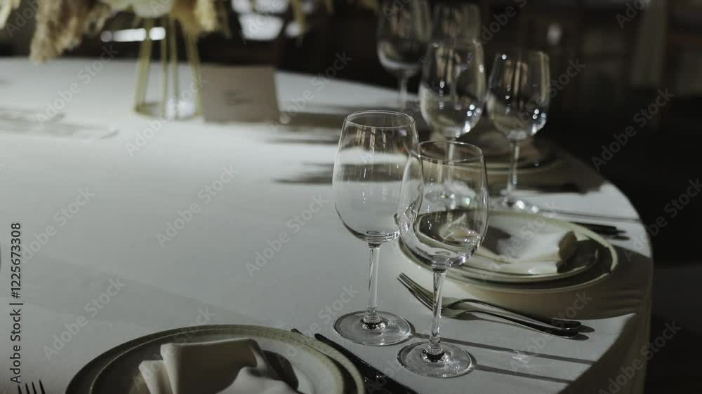 Elegant wedding reception with beautifully arranged tables and wine glasses decor