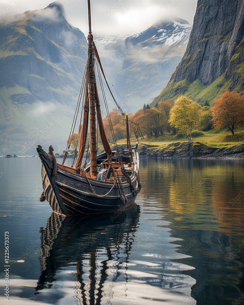 Altes Holzschiff, Wikingerboot in einem Fjord, umgeben von Bergen, Generative AI