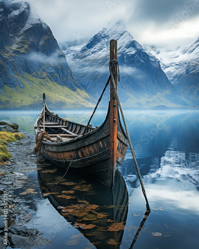 Obraz na płótnie Altes Holzschiff, Wikingerboot in einem Fjord, umgeben von Bergen, Generative AI w salonie