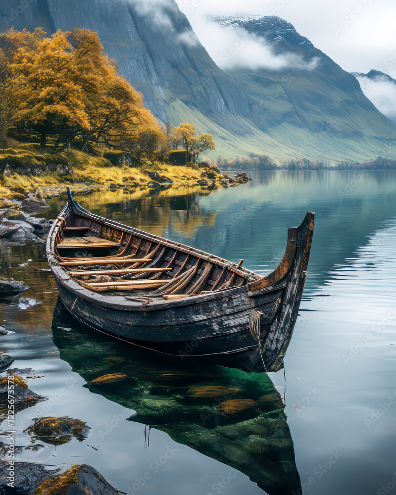 Altes Holzschiff, Wikingerboot in einem Fjord, umgeben von Bergen, Generative AI